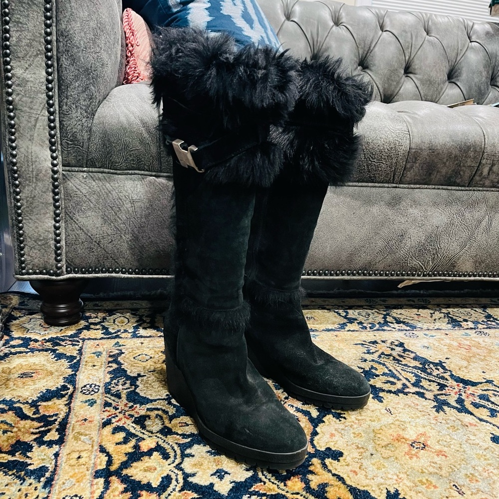 Black Coach Fur Wedge Boots